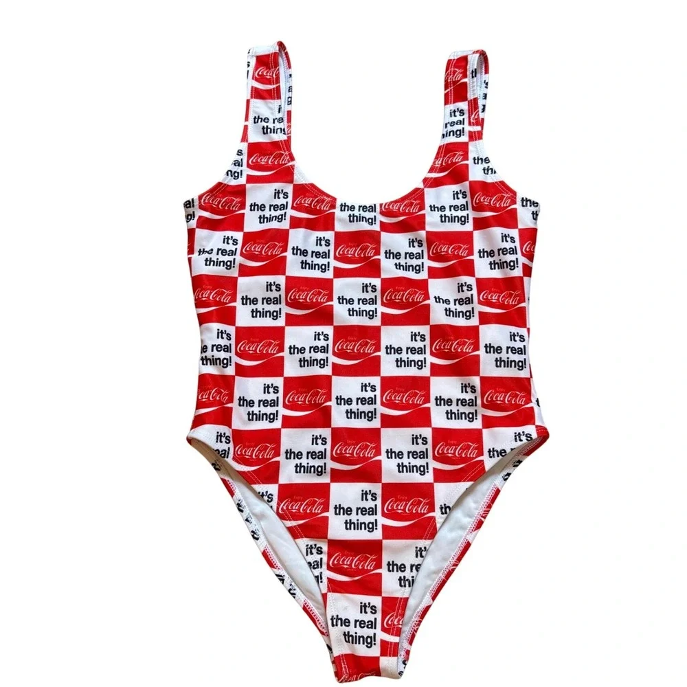 Coca-Cola One Piece Swimsuit Womens Red White‎ Checkered Retro Graphic SIZE S